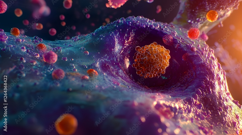 Poster magnified digital or rendering of a complex colorful and intricate microscopic cellular or molecular