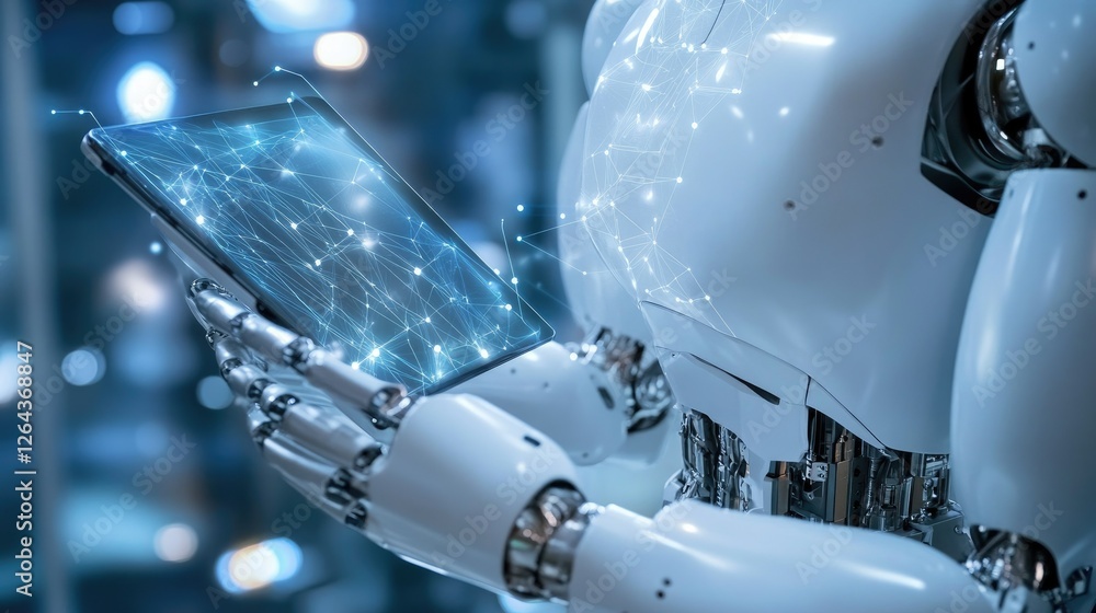 Aufkleber a close-up of an ai robot holding a tablet, interacting with advanced technology in a modern setting