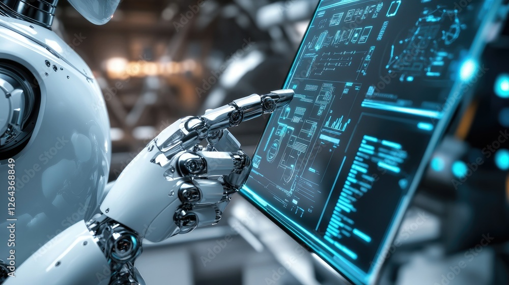 Poster a close-up of an ai robot holding a tablet, interacting with advanced technology in a modern setting