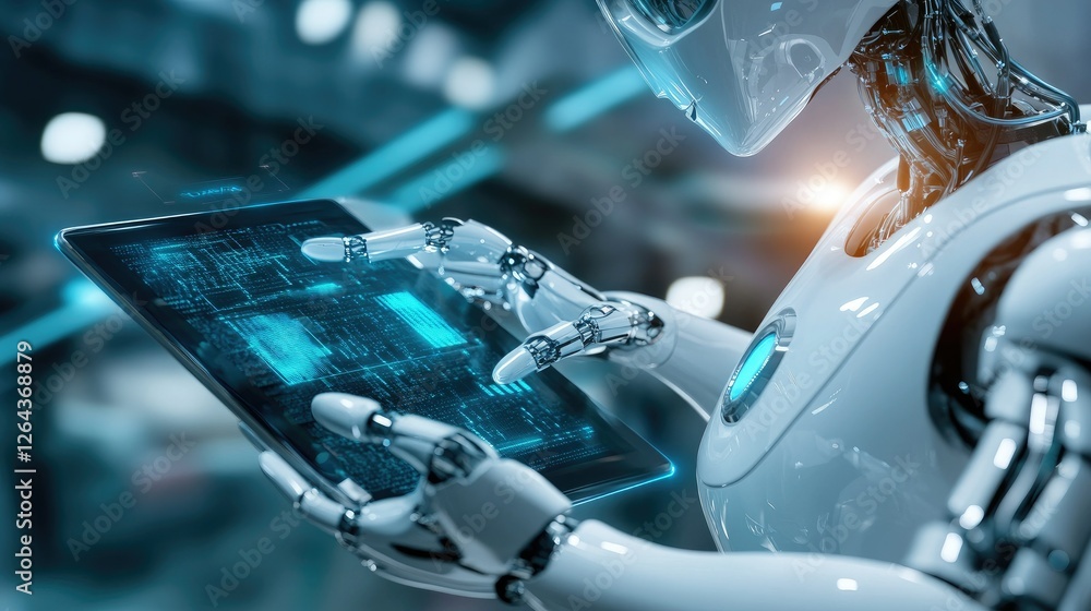 Poster a close-up of an ai robot holding a tablet, interacting with advanced technology in a modern setting