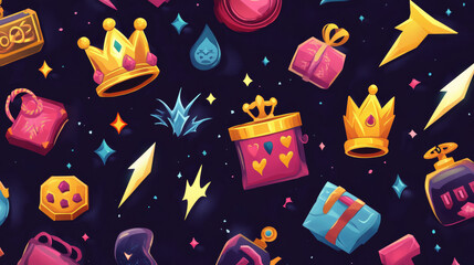 Cartoon vector ui game slot icon set with crown. Gift box, treasure chest, refresh button and lightning energy sign illustration isolated on background. Glowing diamond, bomb and barrel design
