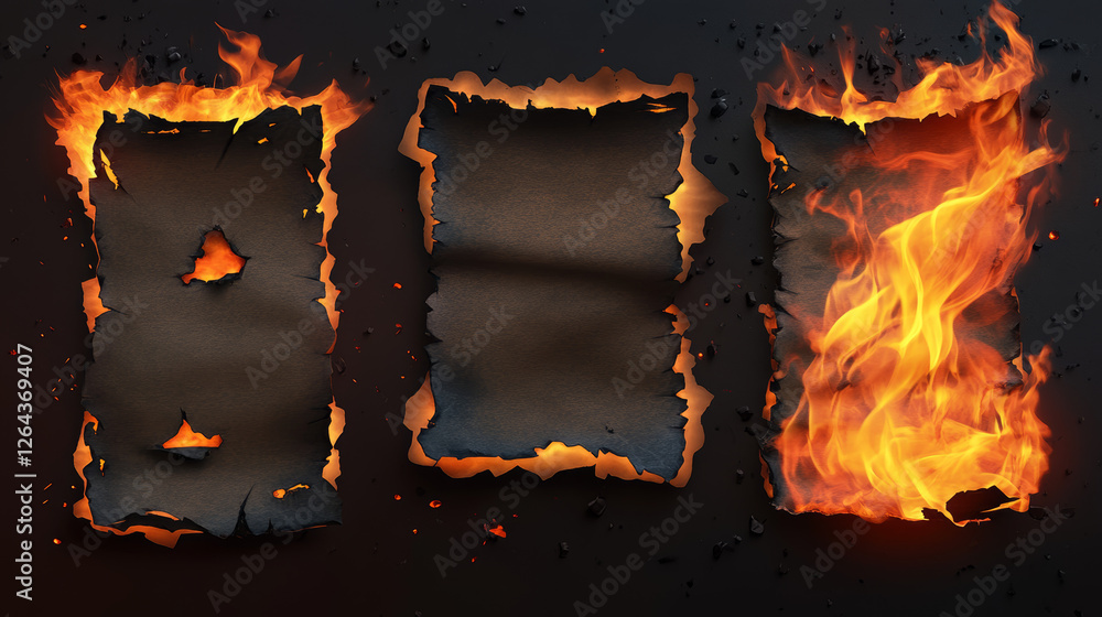 Poster burn craft paper borders, brown burnt pages with smoldering fire on charred uneven edges, damaged pa
