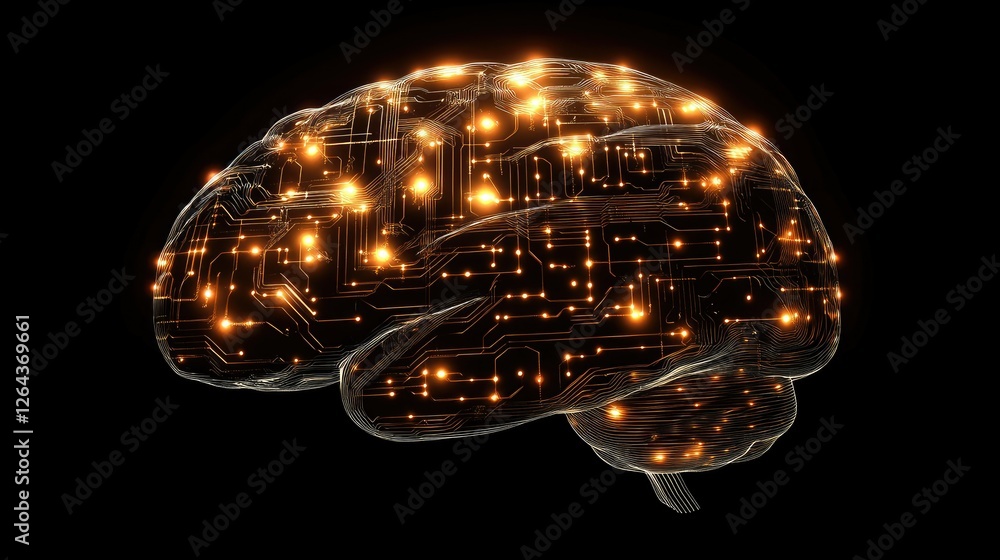 Poster a digital brain made of circuits and glowing lines, representing artificial intelligence.