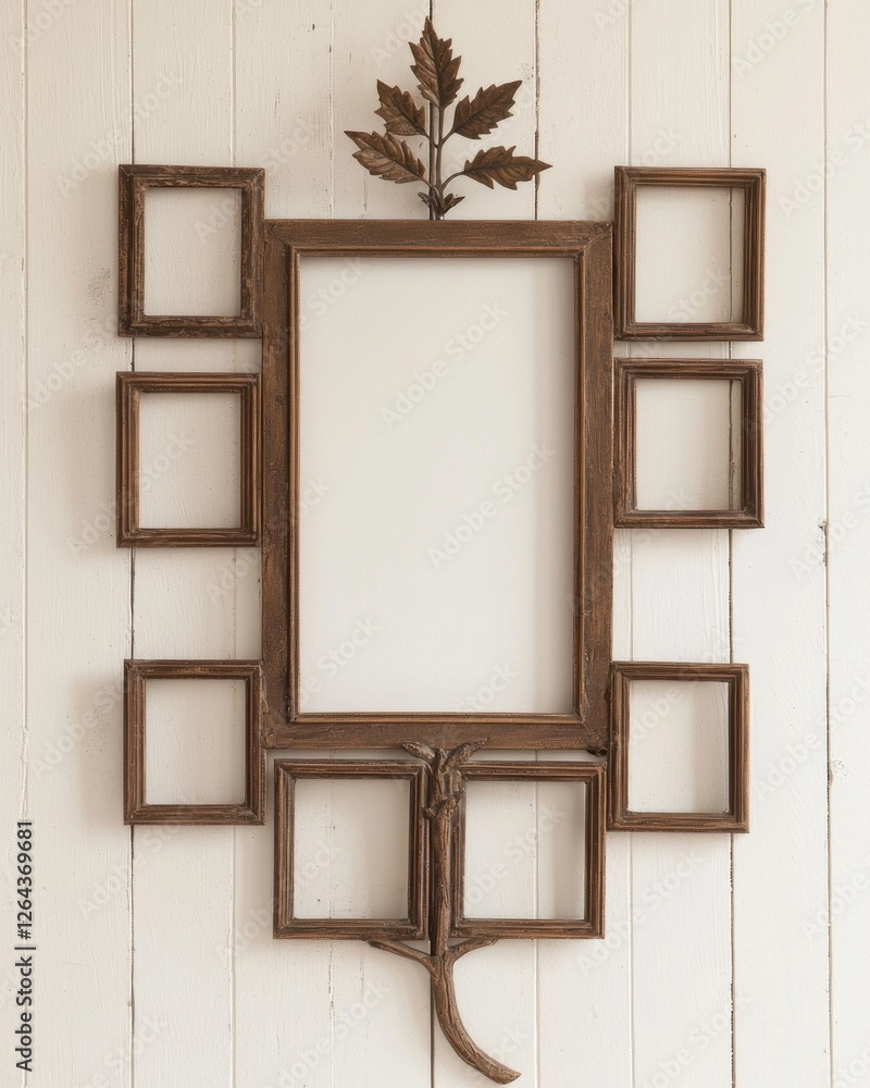Poster a rustic wooden photo frame with multiple openings, adorned with a decorative leaf, suitable for dis