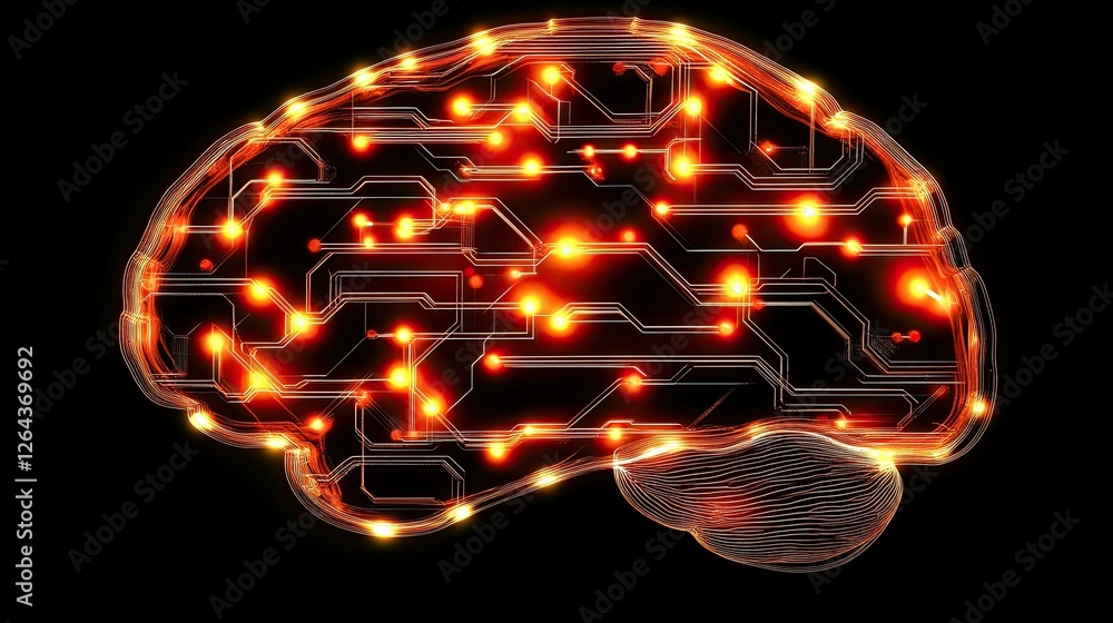 Poster a digital brain made of circuits and glowing lines, representing artificial intelligence.