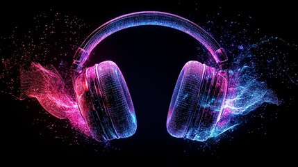 Vibrant neon headphones glow with pink and blue energy against a dark background. Use for music blogs, gaming websites, and technology product showcases.