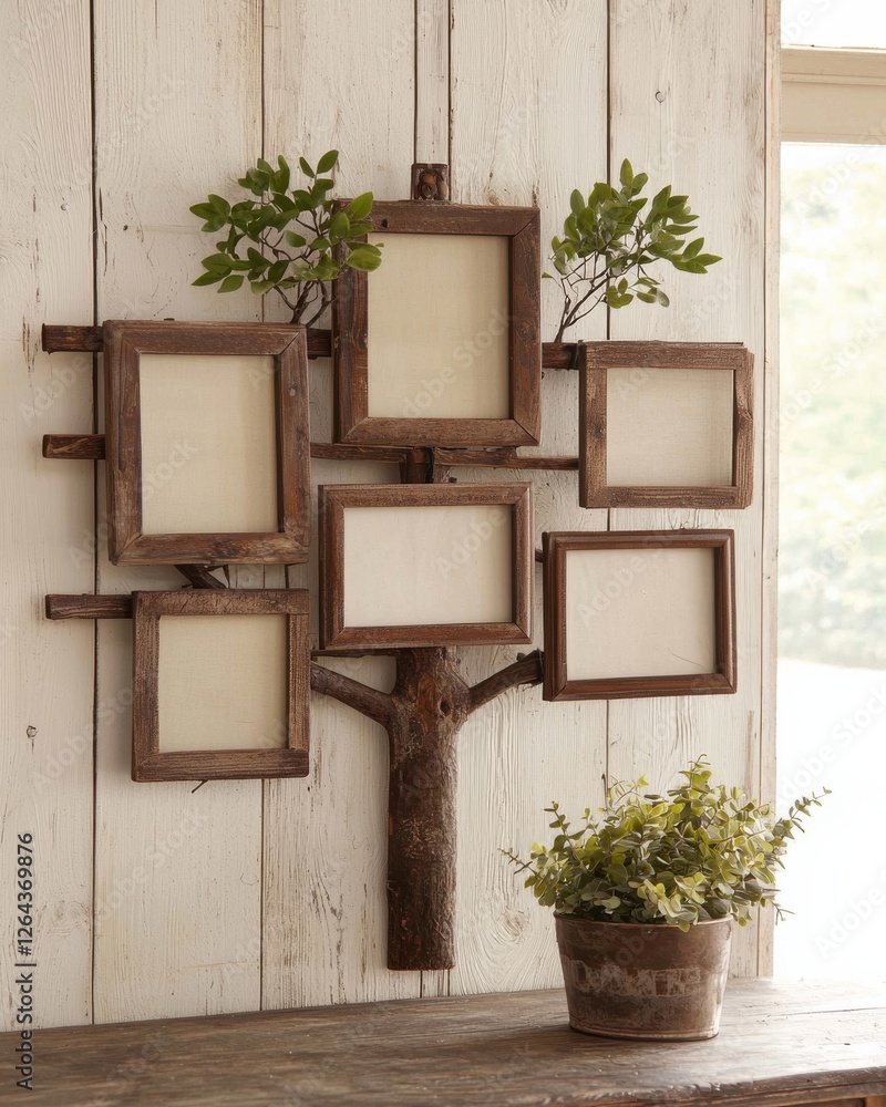 Poster a decorative wooden photo frame resembling a tree, featuring multiple empty frames and greenery, mou