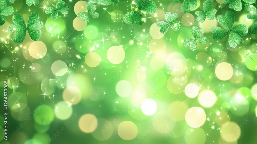 Poster a vibrant green background with sparkling bokeh lights and clover leaves, creating a fresh and livel