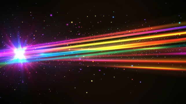 Rainbow crystal light, prism flare reflection, lens refraction, glass, jewelry or gem stone glare, optical physics effect isolated on black and transparent background, Realistic 3d vector illustration