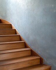 Naklejka premium A wooden staircase spirals gently against a textured gray wall, creating a modern and serene atmosphere.