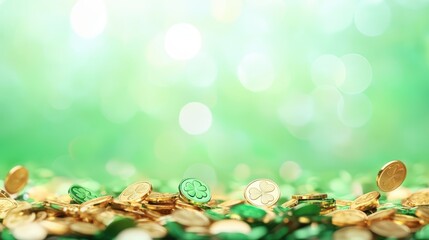 A vibrant collection of golden and green coins scattered on a soft-focus green background, evoking themes of wealth and prosperity.