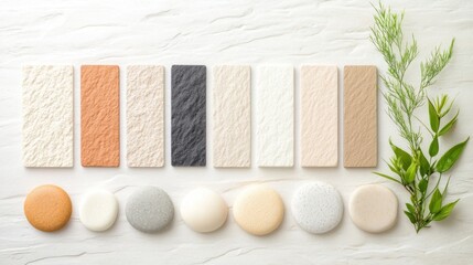 Japanese-inspired interior mood board showcasing neutral color palette with textured stone, wooden panels, and soft linen fabrics for a tranquil design aesthetic