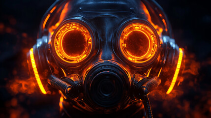 A futuristic gas mask with glowing pink eyes and headphones on a dark, smoky background, blending technology and mystery.