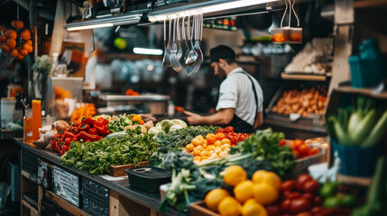 Obraz premium Restaurant kitchen cartoon interior with fresh vegetables on counter - professional cooking space with hanging utensils, storage cabinets, arranged cookware. Culinary workplace with preparation area.