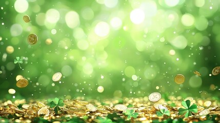 Obraz premium A vibrant green background filled with shimmering gold coins and clovers, creating a festive and luck-themed atmosphere.