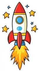 Cartoon rocket blasting off into a starry sky, space adventure. Vertical