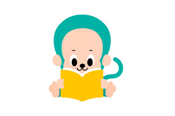 読書をする、かわいいおさるさんのベクターイラスト　カラフル