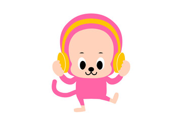 音楽をきく、かわいいおさるさんのベクターイラスト　カラフル