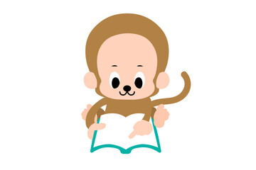 読書をする、かわいいおさるさんのベクターイラスト　カラフル