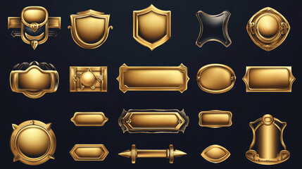 Medieval buttons, ui game menu elements, gold metal oblong banners and ornate rims. Empty royal gui bars for rpg or arcade, golden borders, web design interface Cartoon 3d vector illustration, set