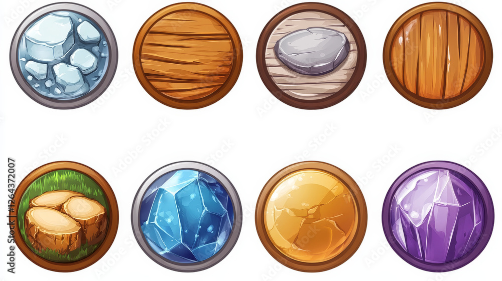 Poster square buttons with metal, wooden and water textures for ui game design. vector cartoon set of gloss