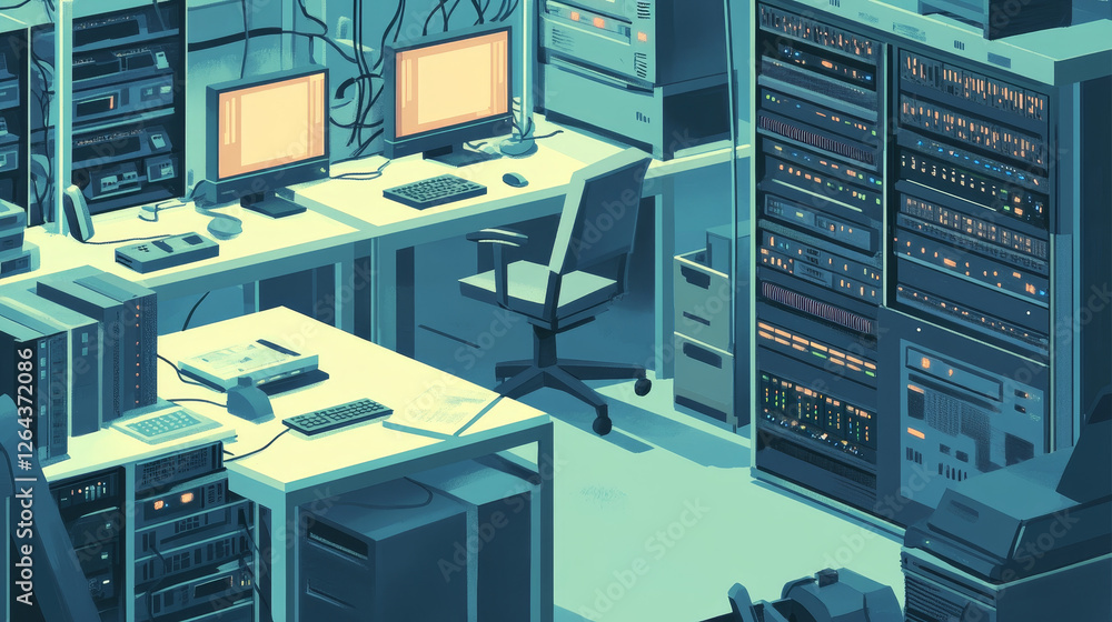 Poster data center room with server racks, computer monitors on desk and chair. vector cartoon interior of 