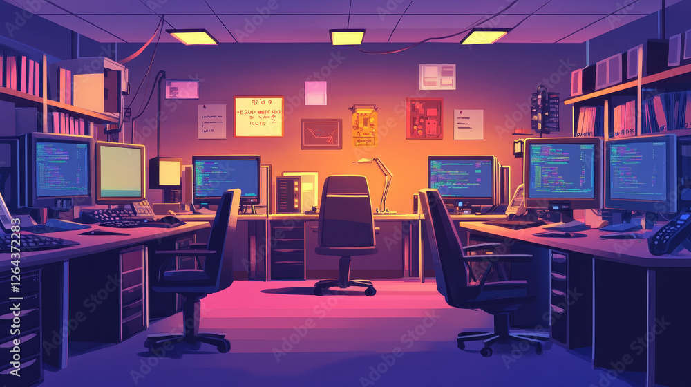 Poster data center room with server racks, computer monitors on desk and chair. vector cartoon interior of 
