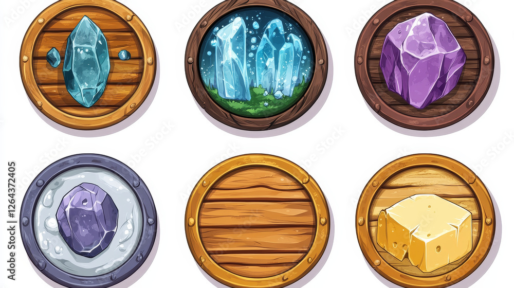 Poster square buttons with metal, wooden and water textures for ui game design. vector cartoon set of gloss