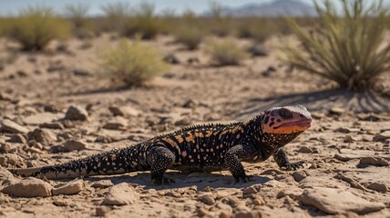 Fototapeta premium Gila Monster Hunting on Desert Floor with Flicking Tongue