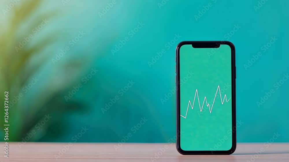 Poster sleek smartphone displaying financial growth app on aqua background with plant element for modern bu