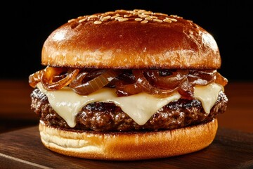 Burger Cheese, caramelized onions on sesame bun on wood plate against black background