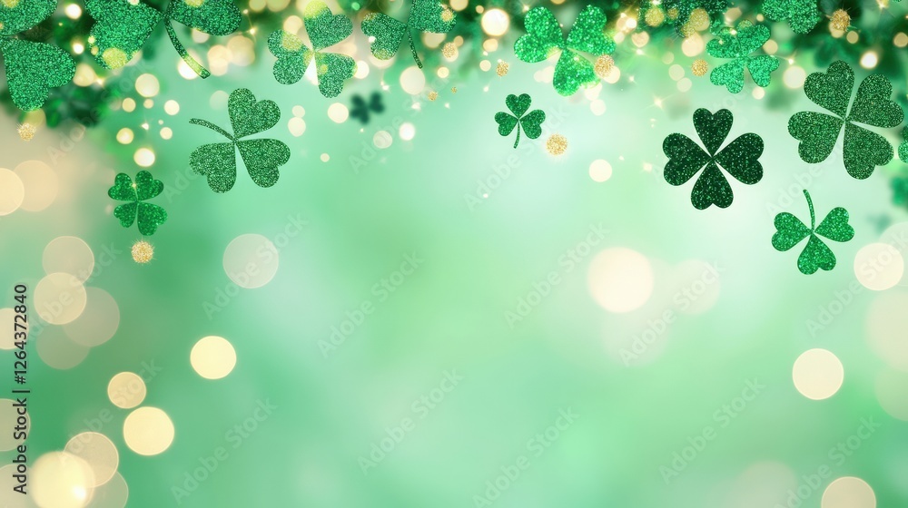 Poster a vibrant green background adorned with shimmering clovers and soft bokeh lights, evoking a festive 