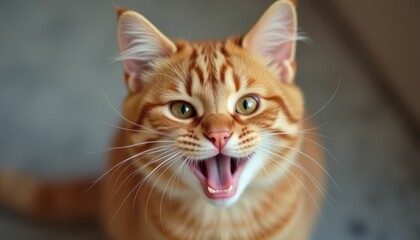 Fototapeta premium Funny smiling cat with a cute expression, Ginger fur adds to the cat's charm.