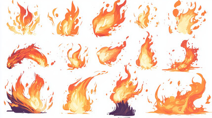 Vector bright burn flame icon set isolated on white background. Hot fire flat clipart collection. Burning fireball signs