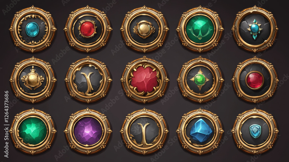 Aufkleber art deco fantasy game interface button vector set. ui animation elements for rpg with gold border. 1