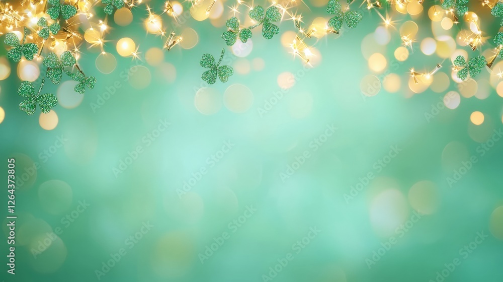 Poster a serene, blurred background featuring soft green hues and sparkling golden bokeh lights, creating a