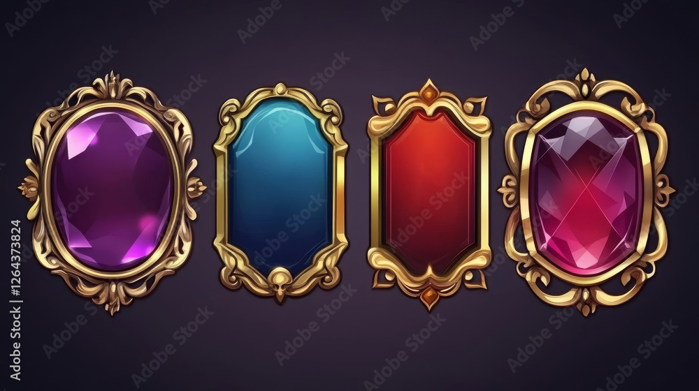 Aufkleber art deco fantasy game interface button vector set. ui animation elements for rpg with gold border. 1