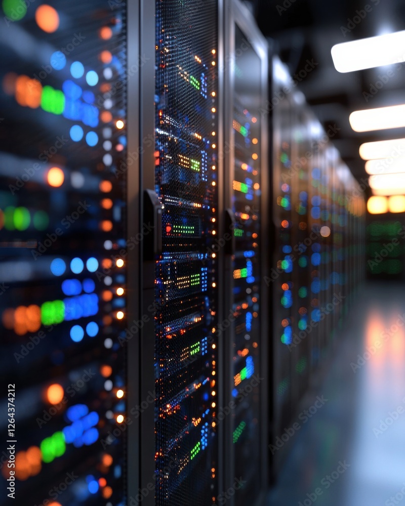 Aufkleber a close-up view of server racks filled with colorful lights, showcasing a modern data center's techn