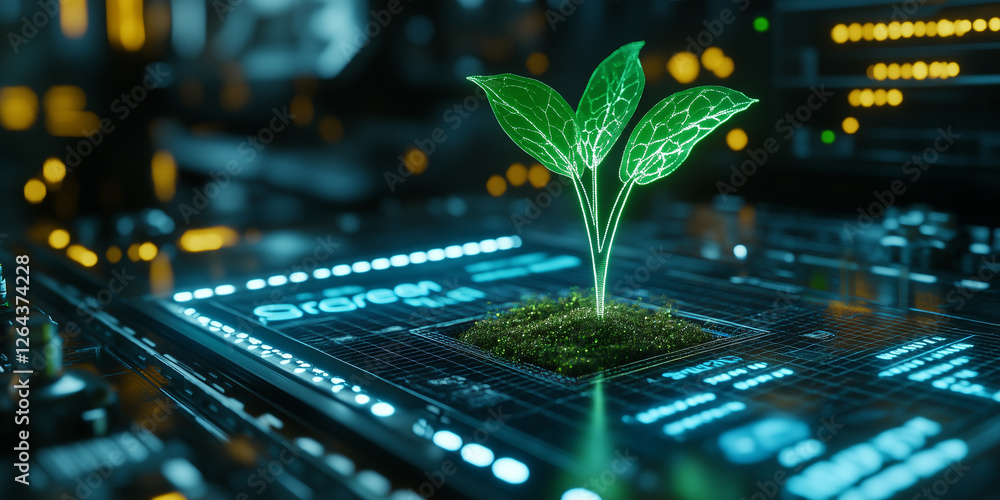 Poster a vibrant green sprout grows from a patch of earth nestled in the center of a glowing computer circu