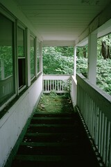 Fototapeta premium Overgrown porch of an abandoned house, greenery in background, for exploration