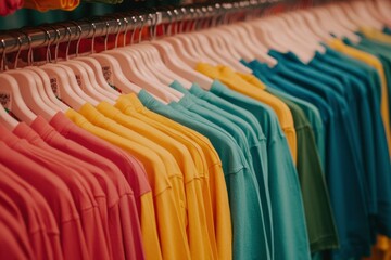 Fototapeta premium T-shirts in rainbow colors hanging in store. Apparel on display for shopping