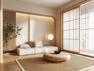 Fototapeta premium Minimalist living room with wooden accents and natural light