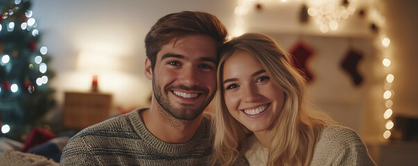 Obraz premium A cheerful young couple dressed in cozy sweaters, smiling together.