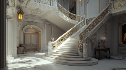 Grand Palace Staircase: Elegant White Marble and Gold Accents