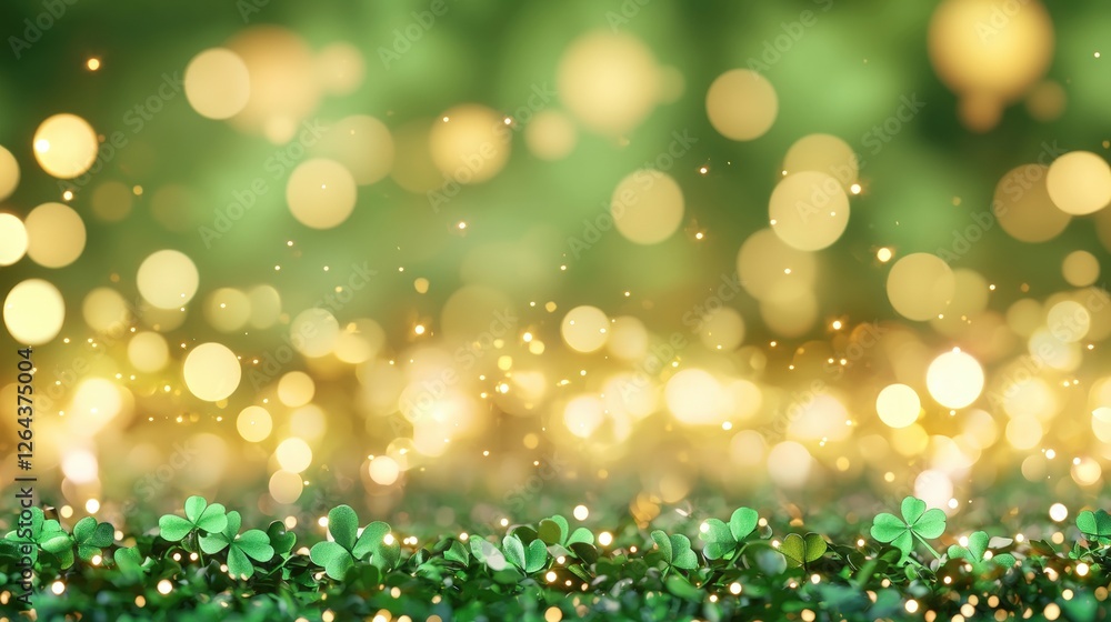 Poster a vibrant background featuring green clovers and shimmering golden bokeh lights, creating a festive 