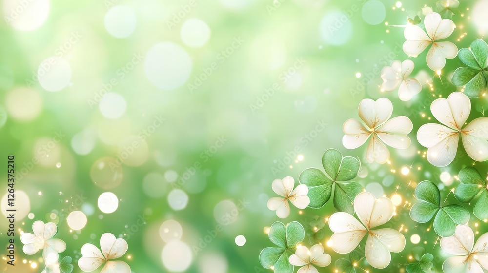Poster a serene background featuring soft green hues, adorned with delicate white flowers and sparkling bok