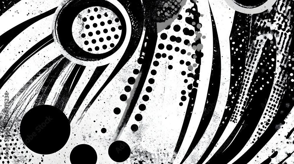 Poster Mesmerizing abstract graphic design featuring an array of geometric patterns dots lines and shapes in striking monochrome black and white tones  The bold