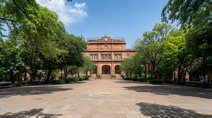Obraz premium Grand Stone Building with Lush Green Trees and a Sunny Courtyard