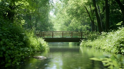 Wooden Bridge Over a Calm River in a Lush Green Forest