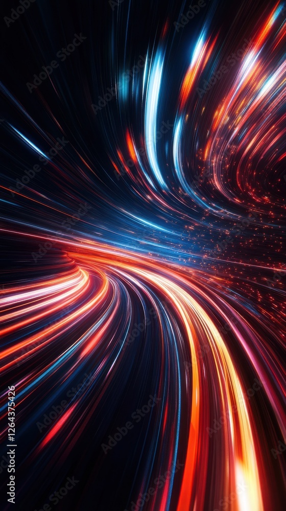 Poster dynamic light trails flowing across dark space, moving light trails in dark space. vertical